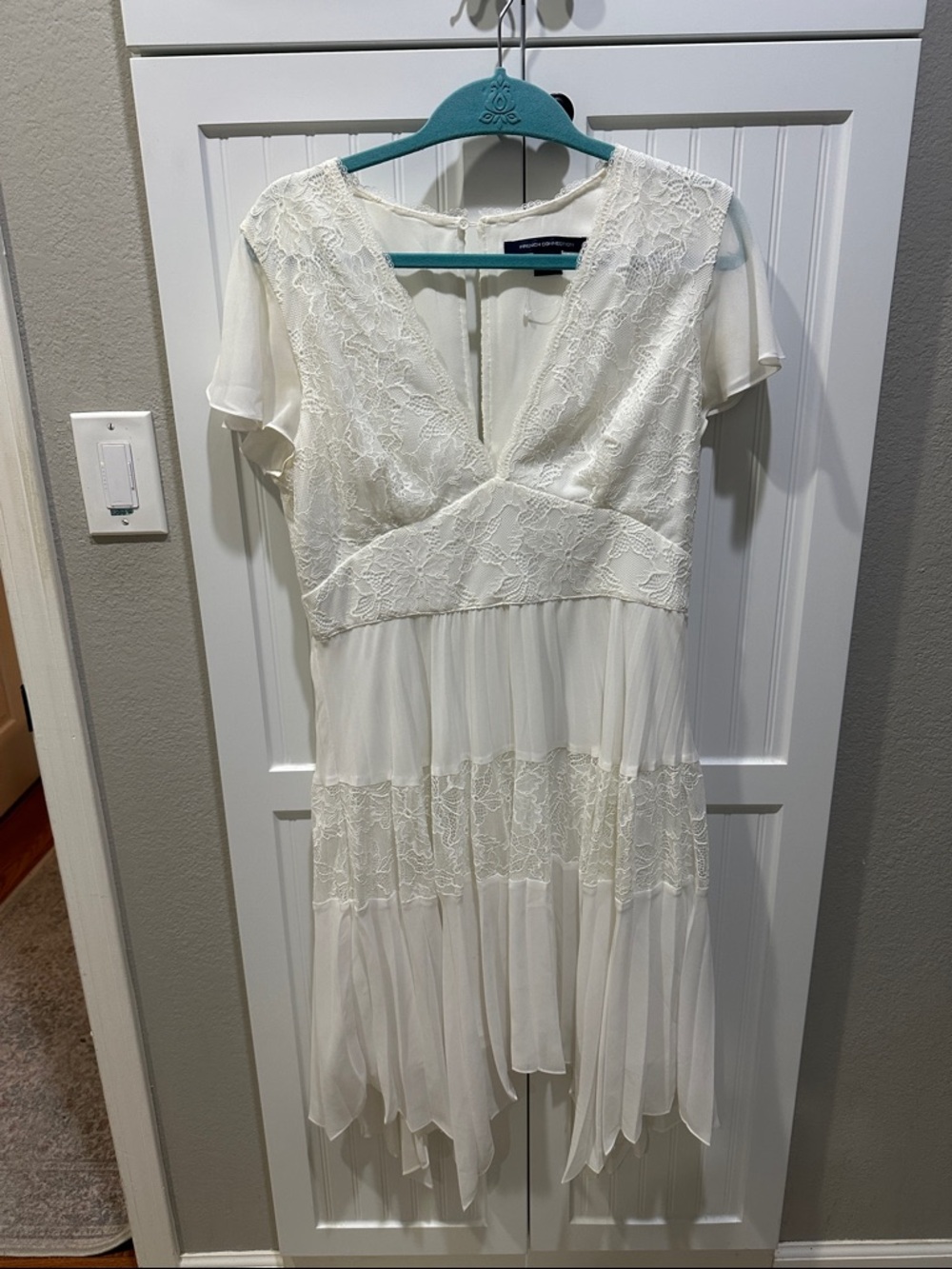 French Connection Ivory Asymmetrical Lace Tiered Dress